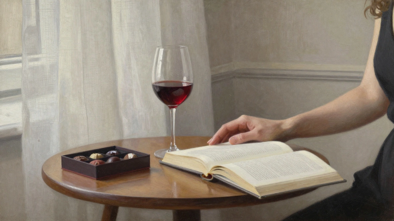 An elegant table setting in a private Lille apartment with wine, chocolate, and an open book, conveying quiet sophistication.
