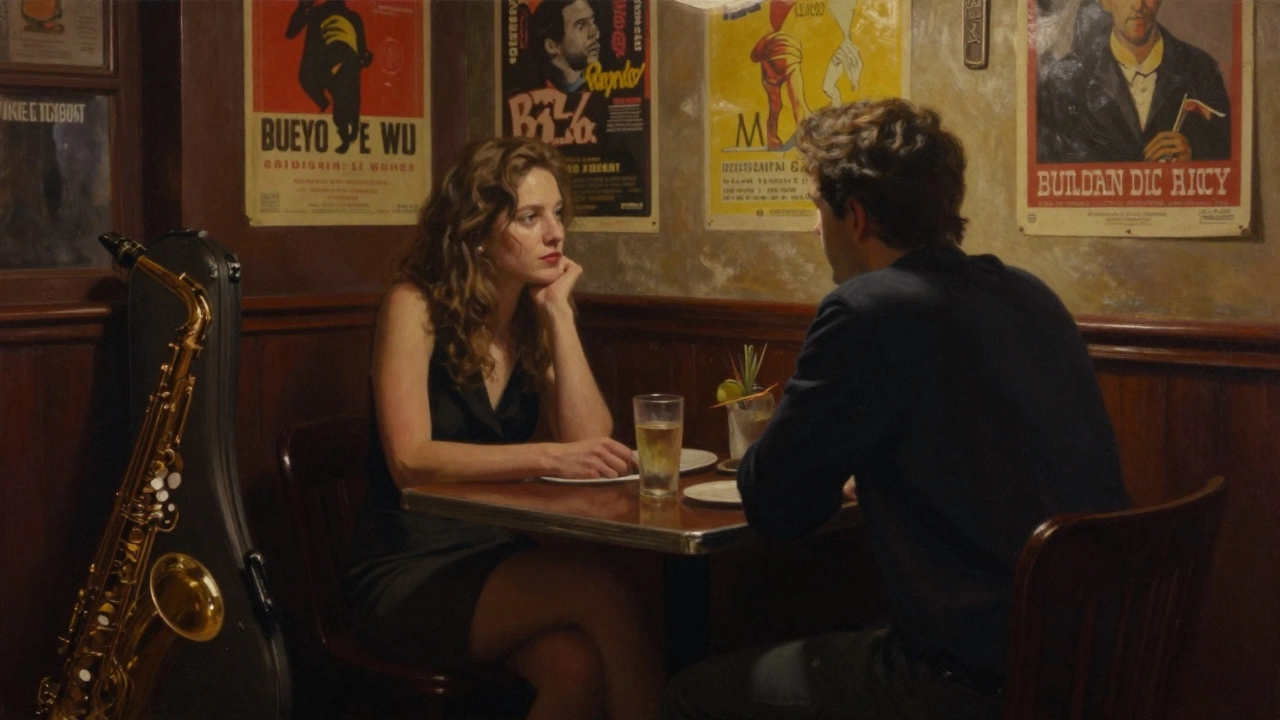 Two people sit quietly in a cozy jazz bar in Soho, sharing a moment under warm lamplight.
